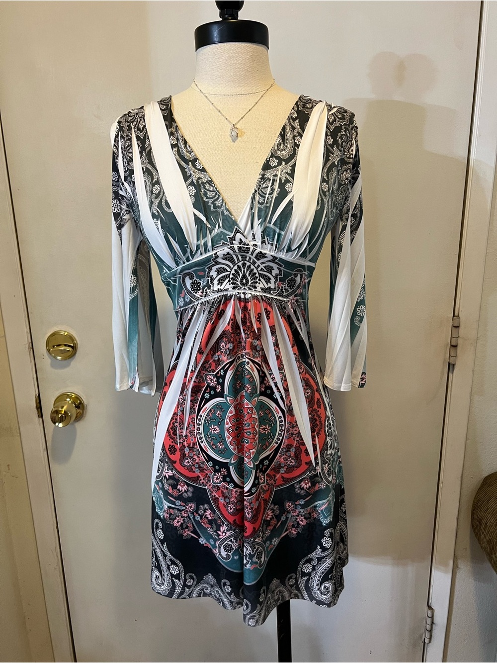 Floral Medallion V-Neck Empire Waist Dress in Teal and Coral